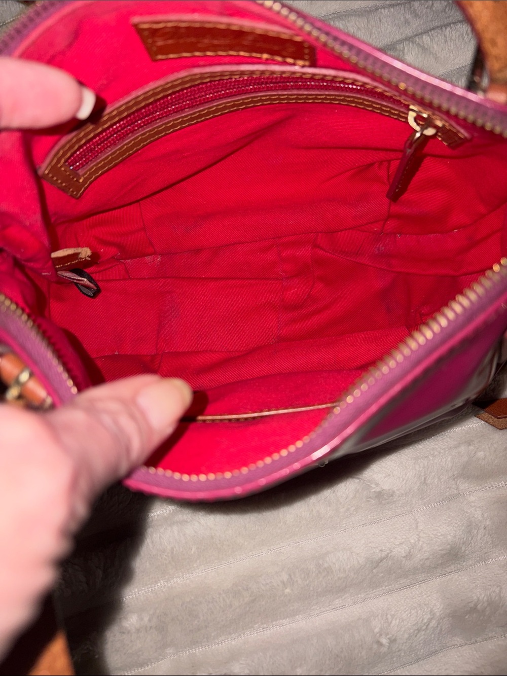 Dooney & Bourke Bright Pink Patent Shoulder Bag with Tan Leather Trim - Picture 6 of 6